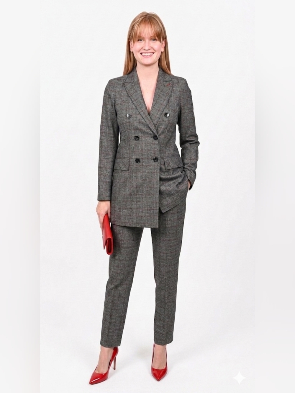 Soia & Kyo Double-Breasted Plaid Blazer size xs Gray Red